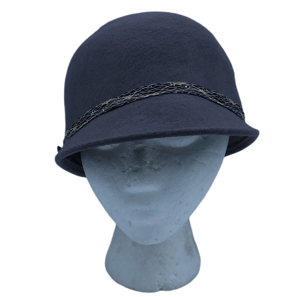 Ladies Badgley Mischka Black Wool Designer Retro Hat with Crystal - Size Medium